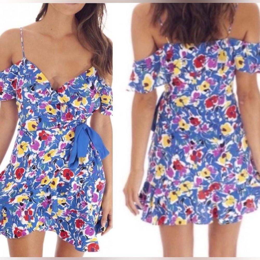 Topshop Floral True Wrap Dress Blue Ruffle Trim Hem Size 10